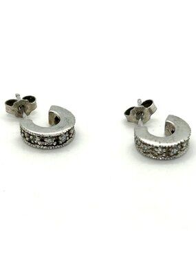Sterling Silver 925 Petite Hoop Earrings Post With Channel Set Crystals 3/8 inch